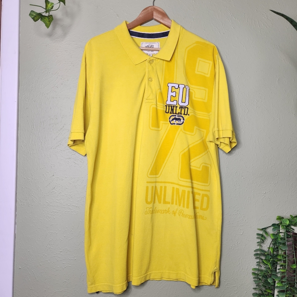 Y2K ECKO UNLTD Graphic Polo Shirt XL Yellow Streetwear Skater Hip Hop